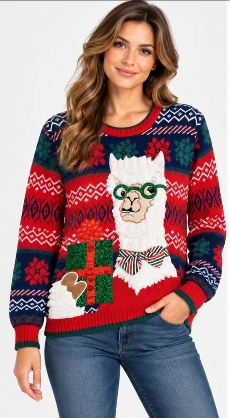 Celebrate Together 'Ugly' Christmas Sweater Llama Holiday Excellent Large T110